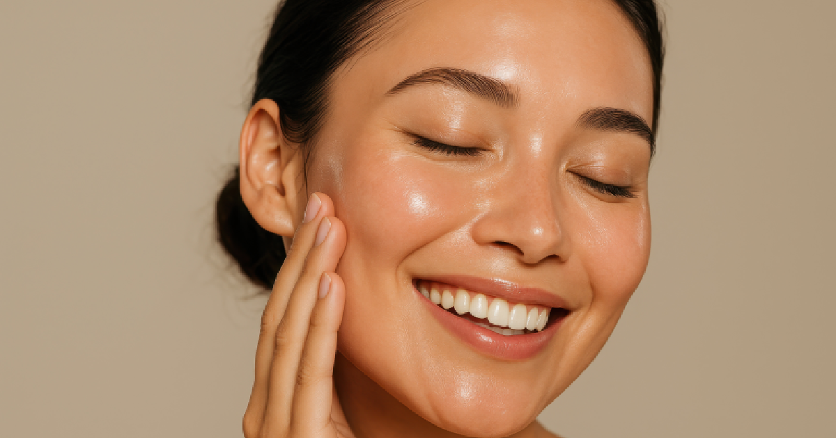 Woman with glowing skin smiling, showcasing healthy facial skincare results in Niceville, FL | Blissful Beauty Bar