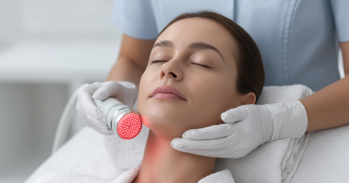 Woman undergoing LED light therapy by Blissful Beauty Bar in Niceville, FL